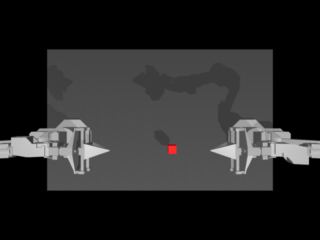 Top camera at the start: both arms open, the red cube on the table between them