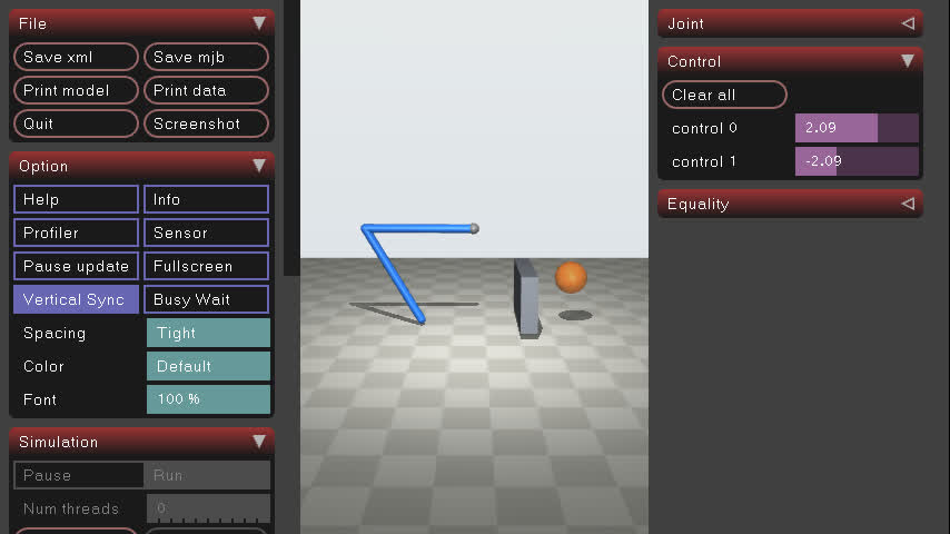 MuJoCo's viewer window: the blue arm at home, the grey wall, the orange target, and the Control panel showing the two motor targets